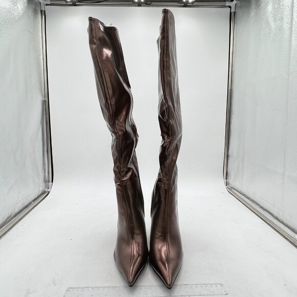 Brown Knee High Boots Women Wedge Heel Pointed Toe Side Zip Knee Length Boots - Picture 1 of 6